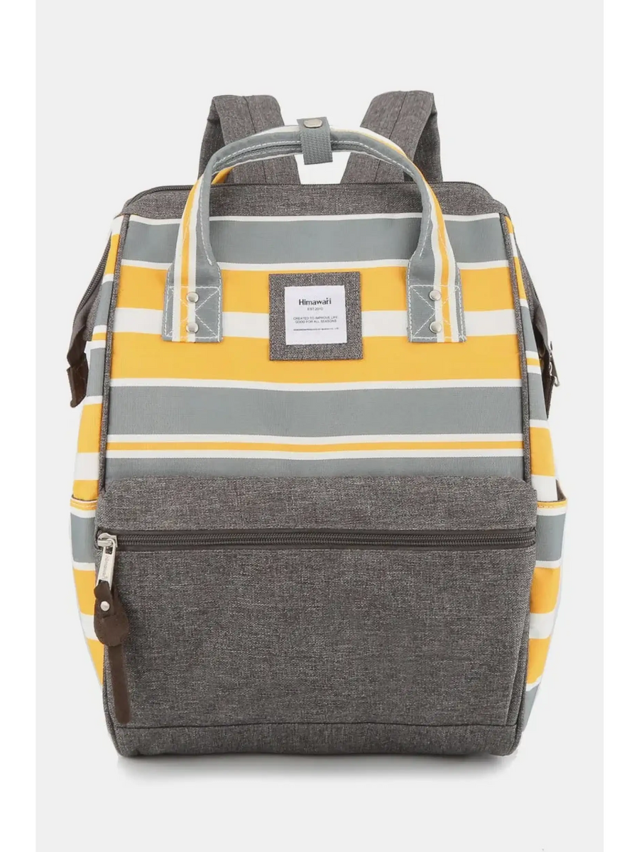 Himwari Large waterproof backpack by Babe Beachwear in gray yellow stripes with front zipper pocket