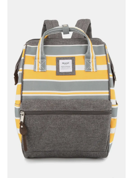 Himwari Large waterproof backpack by Babe Beachwear in gray yellow stripes with front zipper pocket