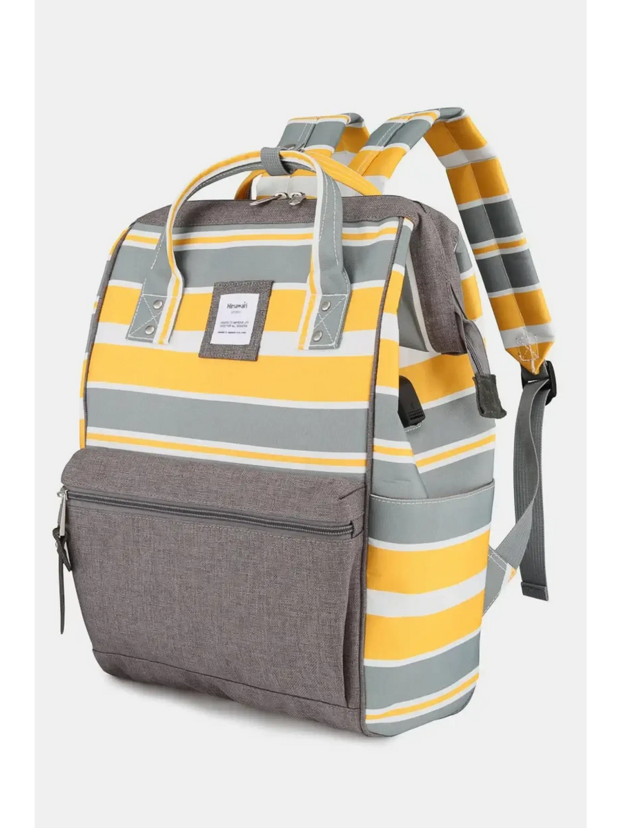 Himwari Large waterproof backpack by Babe Beachwaer with yellow gray and white stripes and front zipper pocket