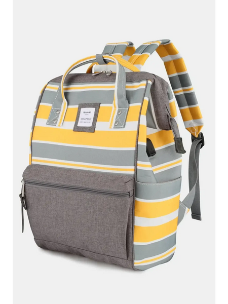 Himwari Large waterproof backpack by Babe Beachwaer with yellow gray and white stripes and front zipper pocket