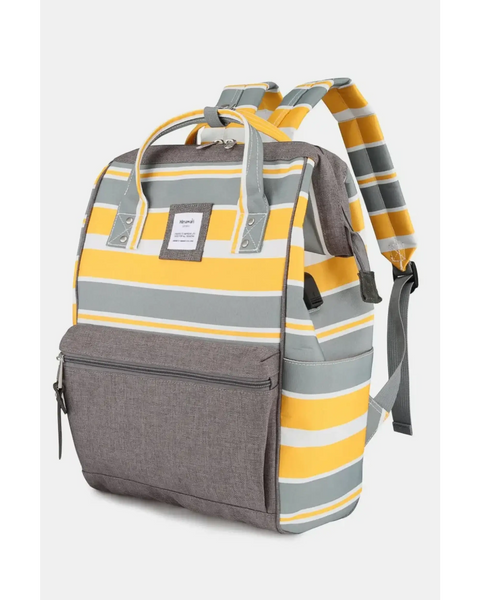 Himwari Large waterproof backpack by Babe Beachwaer with yellow gray and white stripes and front zipper pocket
