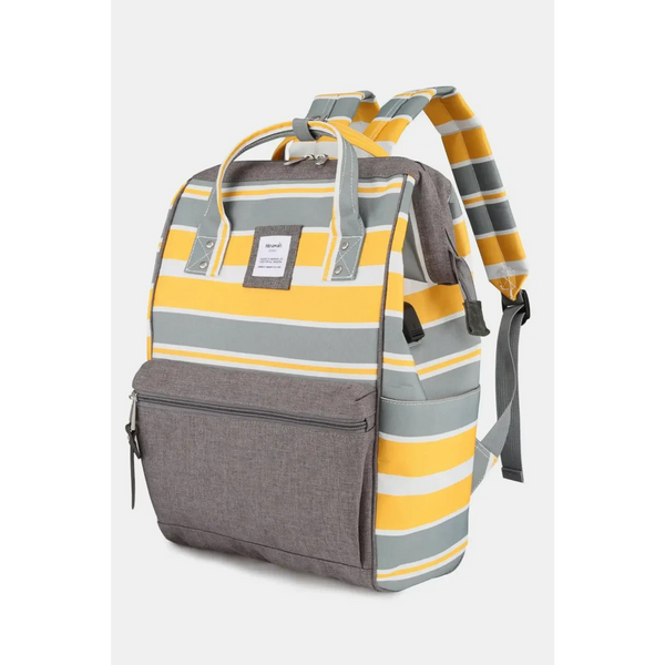 Himwari Large waterproof backpack by Babe Beachwaer with yellow gray and white stripes and front zipper pocket
