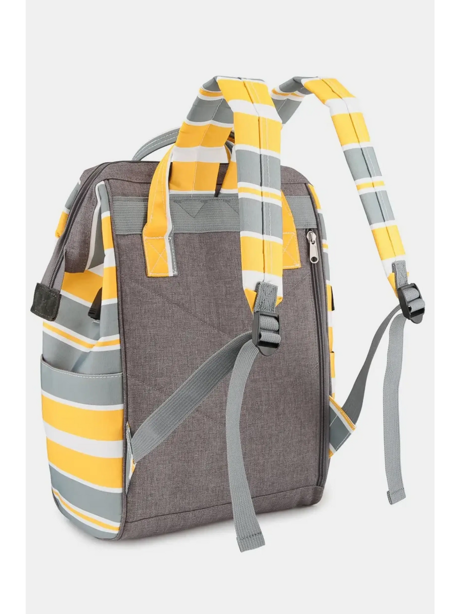 Himwari Large waterproof backpack by Babe Beachwaer with yellow gray striped padded straps and side pockets
