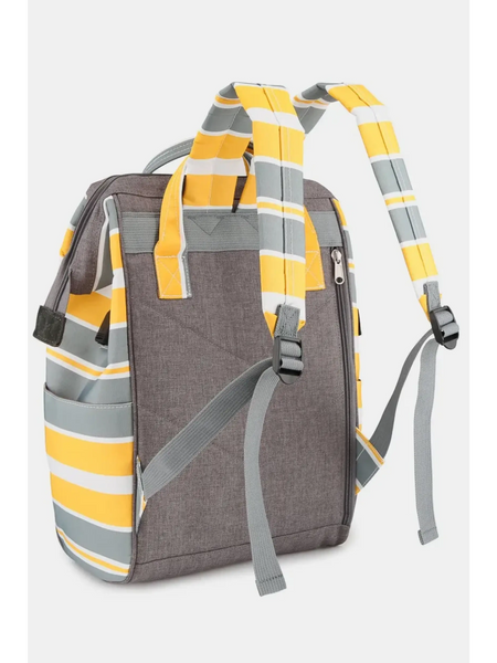 Himwari Large waterproof backpack by Babe Beachwaer with yellow gray striped padded straps and side pockets