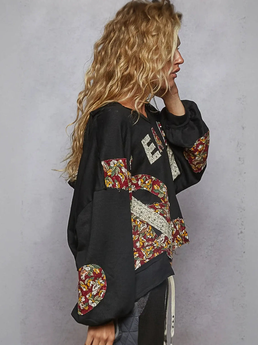 Black patchwork blouse from Rock the Bloom trendy cropped sweatshirt with peace vibes