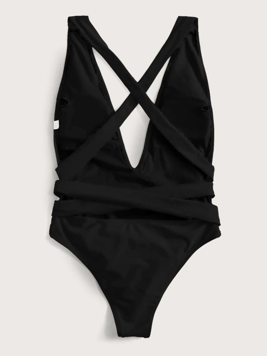 Trendsi black swimsuit with crisscross back and deep plunge front design