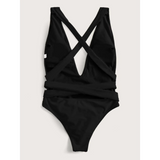 Trendsi black swimsuit with crisscross back and deep plunge front design