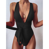 Trendsi black halter one piece swimsuit with deep V neckline and waist tie detail