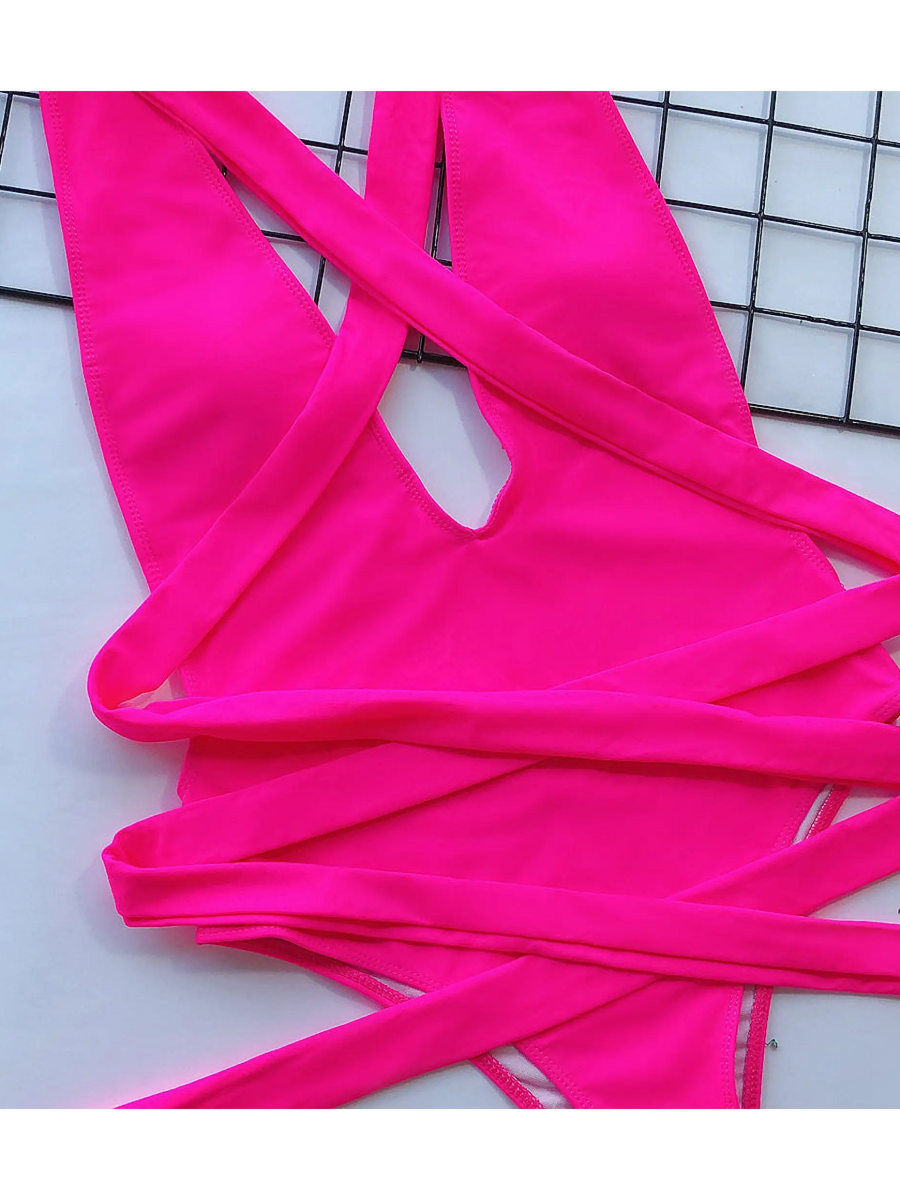 Trendsi Hot Pink halter one piece swimsuit with long straps and cutout design