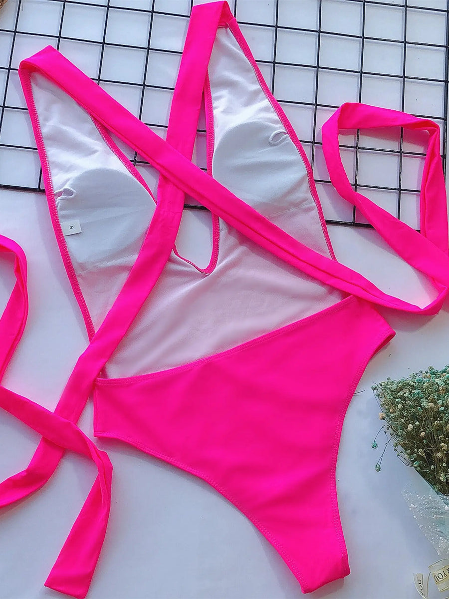 Hot Pink halter one piece swimsuit by Trendsi with deep V neckline and long straps
