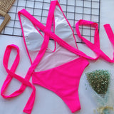Hot Pink halter one piece swimsuit by Trendsi with deep V neckline and long straps