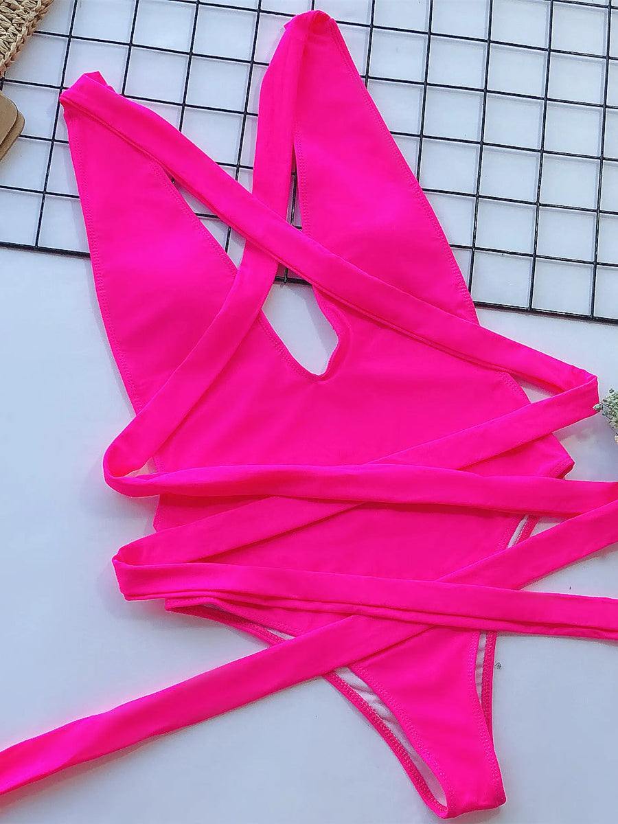 Trendsi hot pink halter one piece swimsuit with wrap-around straps laid flat