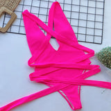 Trendsi hot pink halter one piece swimsuit with wrap-around straps laid flat