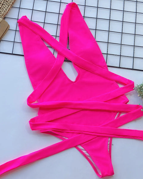 Trendsi hot pink halter one piece swimsuit with wrap-around straps laid flat