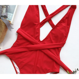 Hot Pink halter one piece swimsuit by Trendsi with crisscross straps and deep neckline
