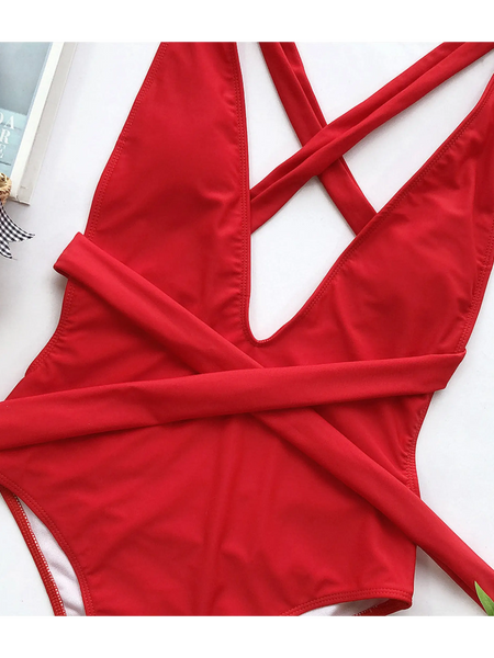 Hot Pink halter one piece swimsuit by Trendsi with crisscross straps and deep neckline