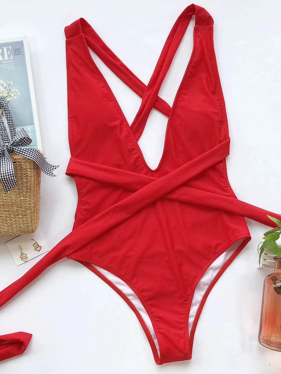 Trendsi hot pink halter one piece swimsuit with crisscross straps and wrap waist detail