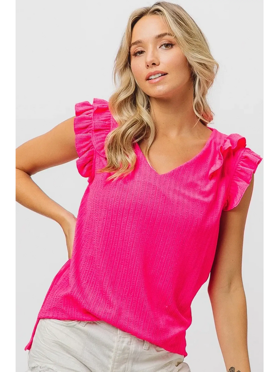 Trendsi hot pink ruffle blouse sleeveless shirt with textured fabric and V-neckline
