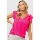 Trendsi hot pink ruffle blouse sleeveless shirt with textured fabric and V-neckline