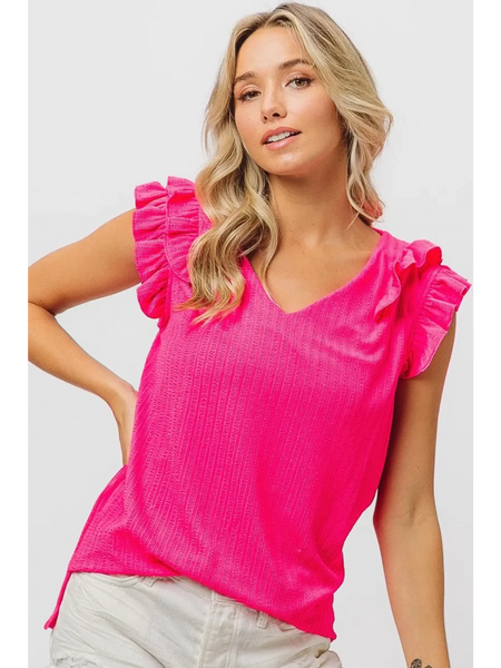 Trendsi hot pink ruffle blouse sleeveless shirt with textured fabric and V-neckline