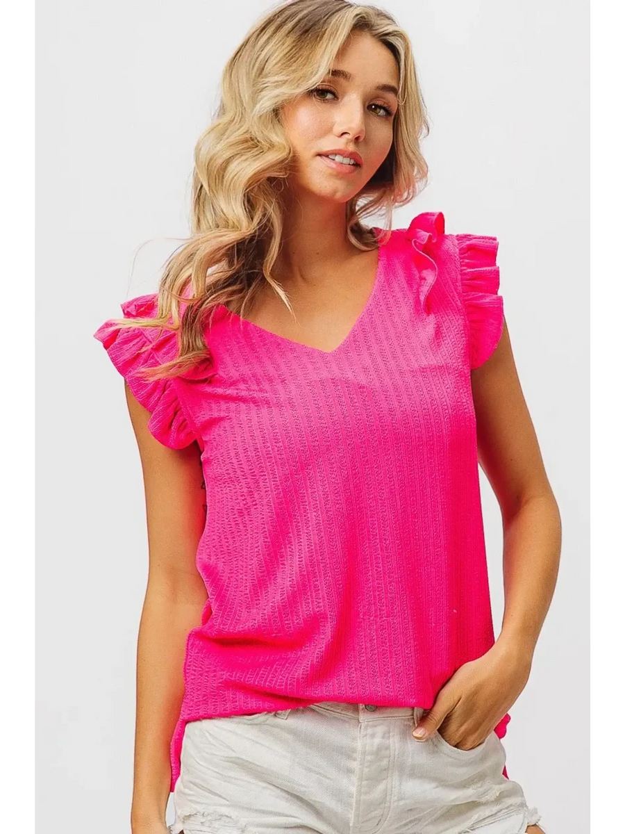 Trendsi hot pink ruffle blouse sleeveless shirt with V-neck and textured fabric