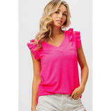 Trendsi hot pink ruffle blouse sleeveless shirt with V-neck and textured fabric