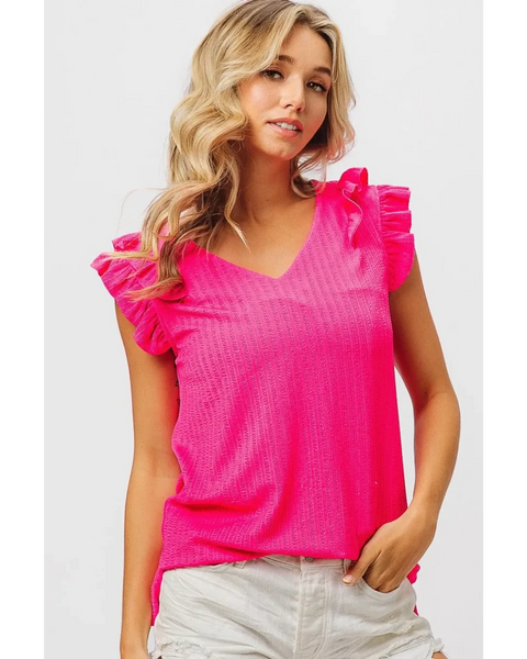 Trendsi hot pink ruffle blouse sleeveless shirt with V-neck and textured fabric
