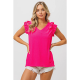 Trendsi hot pink ruffle blouse sleeveless shirt with V-neck and frilled shoulders