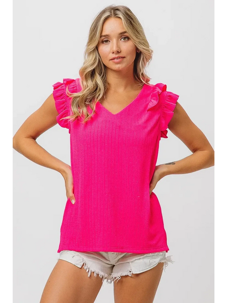 Trendsi hot pink ruffle blouse sleeveless shirt with V-neck and frilled shoulders