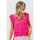 Trendsi hot pink ruffle blouse sleeveless shirt with textured fabric and layered shoulder ruffles