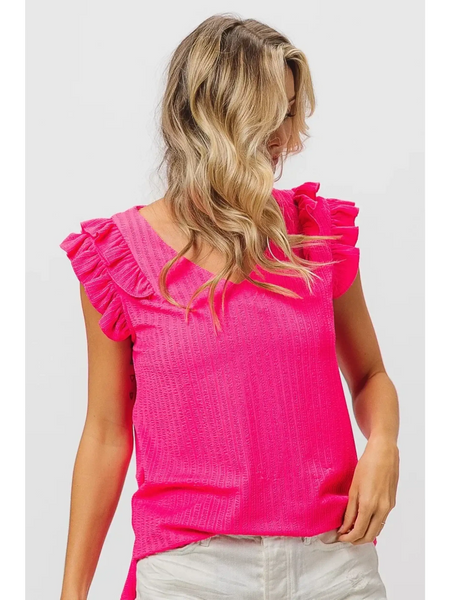 Trendsi hot pink ruffle blouse sleeveless shirt with textured fabric and layered shoulder ruffles