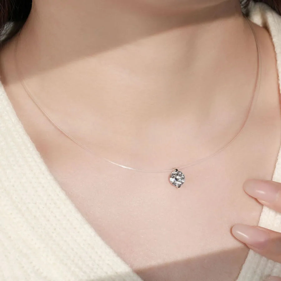Trendsi necklace featuring an invisable 1 carat diamond pendant on a clear invisible chain