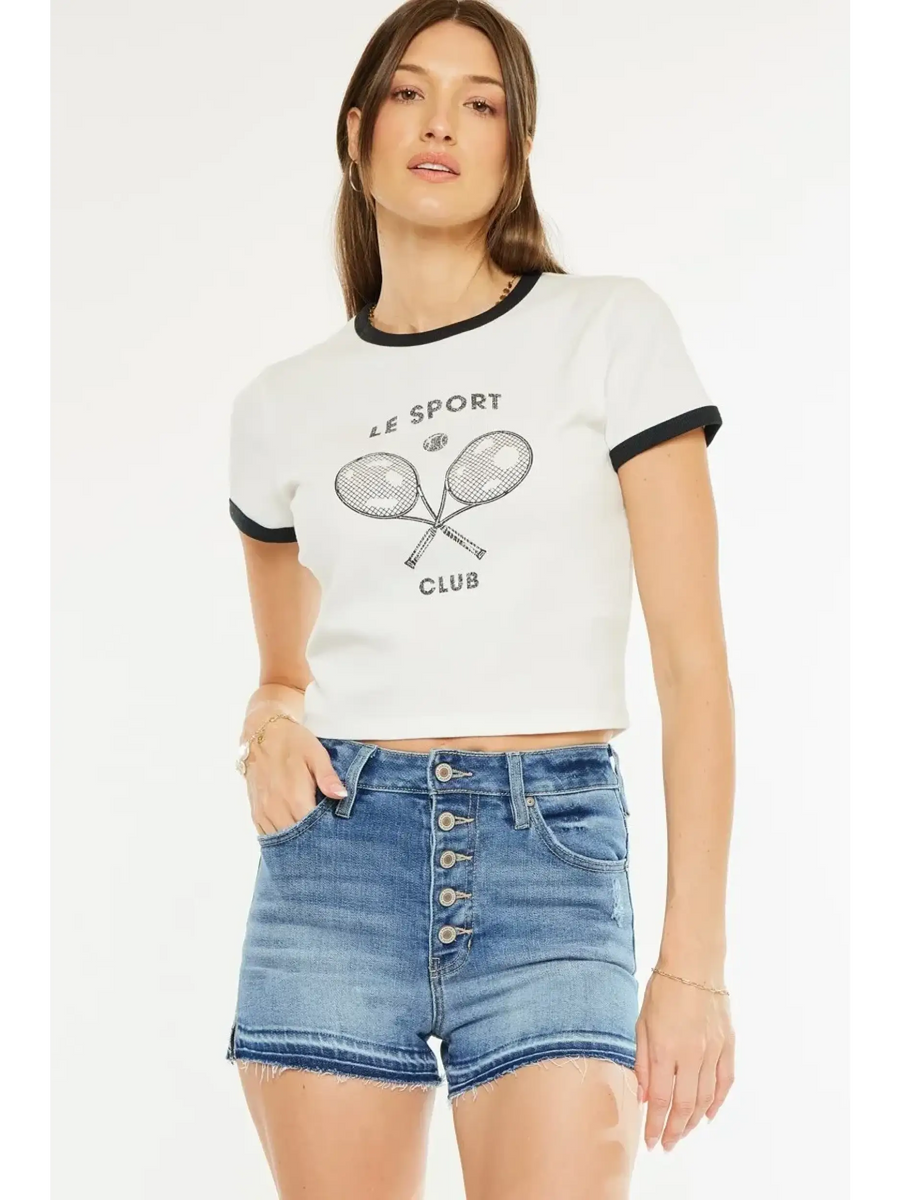 Trendsi kancan button fly cutoff shorts in blue denim styled with a casual white graphic tee