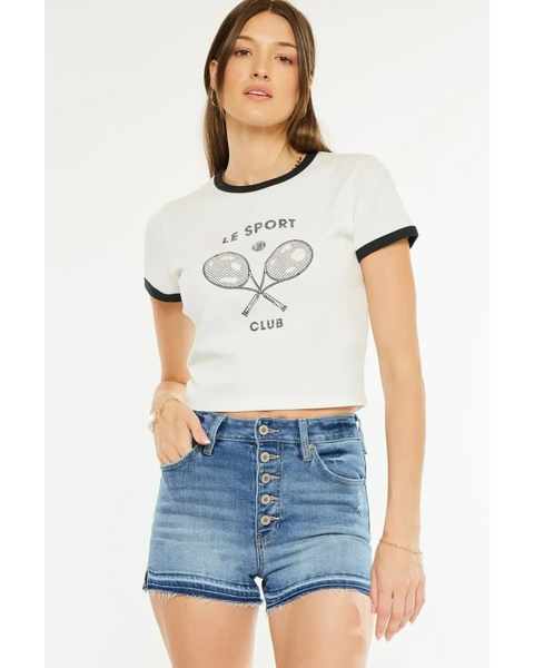 Trendsi kancan button fly cutoff shorts in blue denim styled with a casual white graphic tee