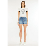 Trendsi kancan button fly cutoff shorts in blue denim worn with white graphic tee and sneakersk