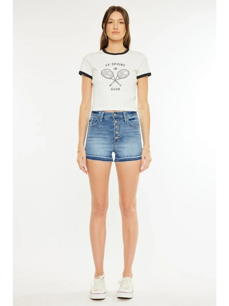 Trendsi kancan button fly cutoff shorts in blue denim worn with white graphic tee and sneakersk