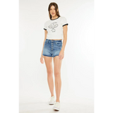 Trendsi kancan button fly cutoff shorts in blue denim worn with white graphic crop top and white sneakers