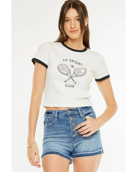 Trendsi kancan button fly cutoff shorts in blue denim worn by woman with white graphic crop top