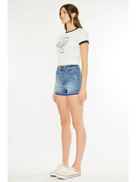 Trendsi kancan button fly cutoff shorts in blue denim worn with white graphic tee and sneakers