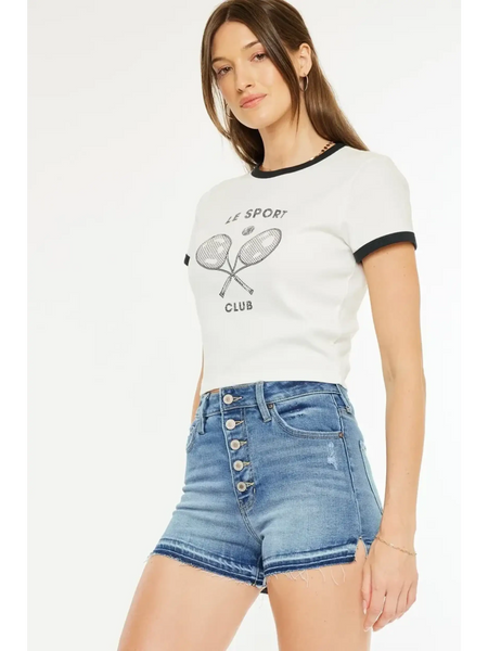 Trendsi model wearing blue kancan button fly cutoff shorts with front buttons and frayed hem