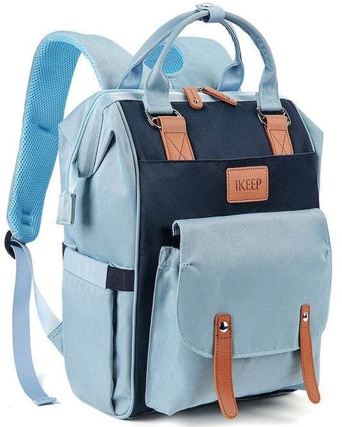 Babe Beachwear Himawari Crazy Pocket Backpack in blue with multiple pockets and brown leather accents