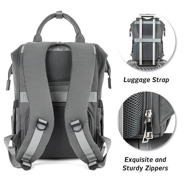 Back view of Babe Beachwaer Himawari Crazy Pocket Backpack showing padded straps, luggage strap, and sturdy zippers