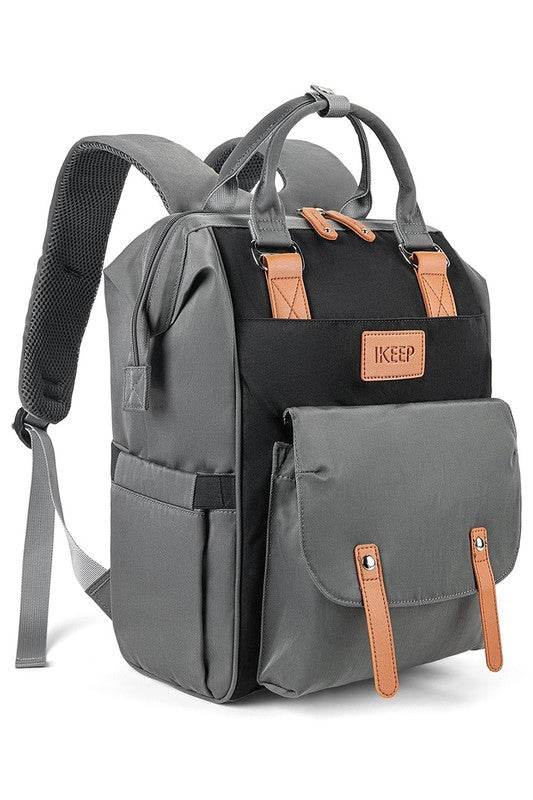 Himawari Crazy Pocket Backpack in black and gray with multiple compartments and leather straps