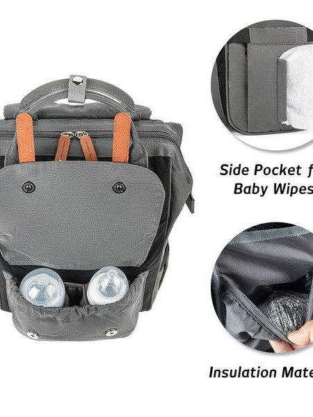 Babe Beachwear Himawari Crazy Pocket Backpack gray diaper bag with insulated bottle pockets and side baby wipes pocket