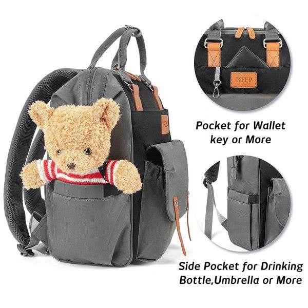Himawari Crazy Pocket Backpack by Babe Beachwear in gray with multiple pockets holding teddy bear and essentials