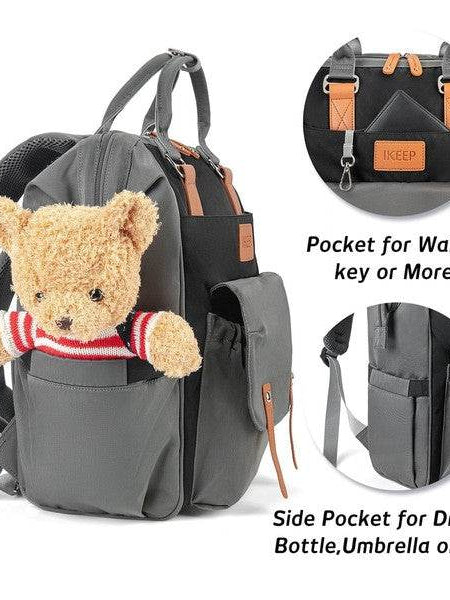 Himawari Crazy Pocket Backpack by Babe Beachwear in gray with multiple pockets holding teddy bear and essentials