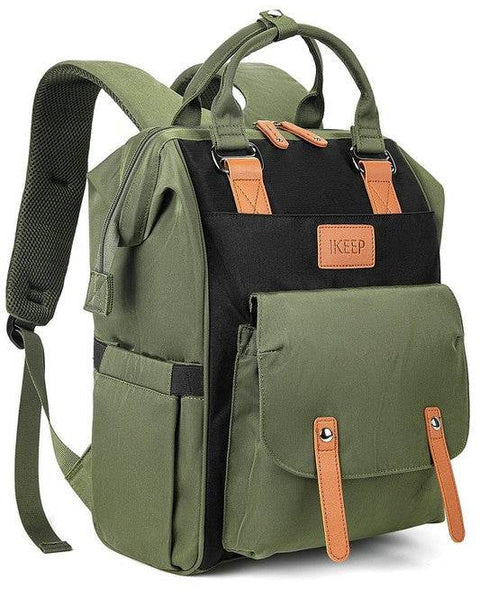 Himawari Crazy Pocket Backpack by Babe Beachwear in green and black with multiple pockets and leather accents