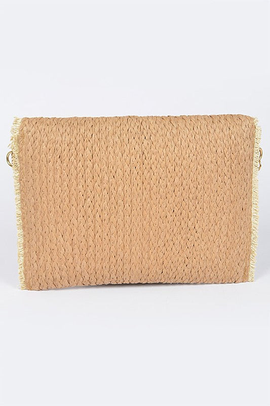 Babe Beachwear khaki convertible straw purse with woven design and fringe edges
