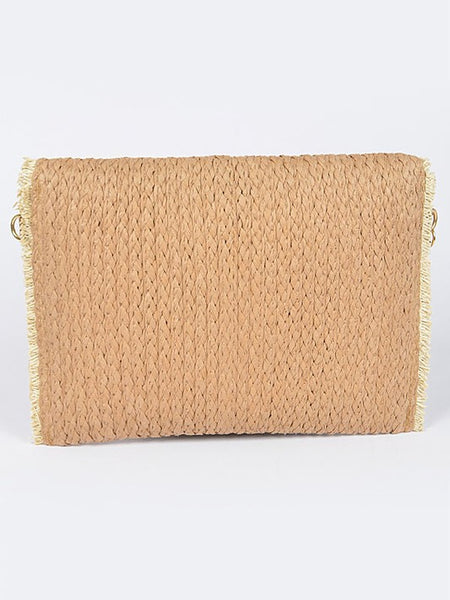 Babe Beachwear khaki convertible straw purse with woven design and fringe edges