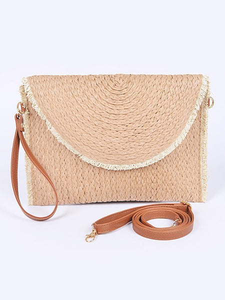 Babe Beachwear khaki convertible straw purse with detachable brown strap and textured woven design